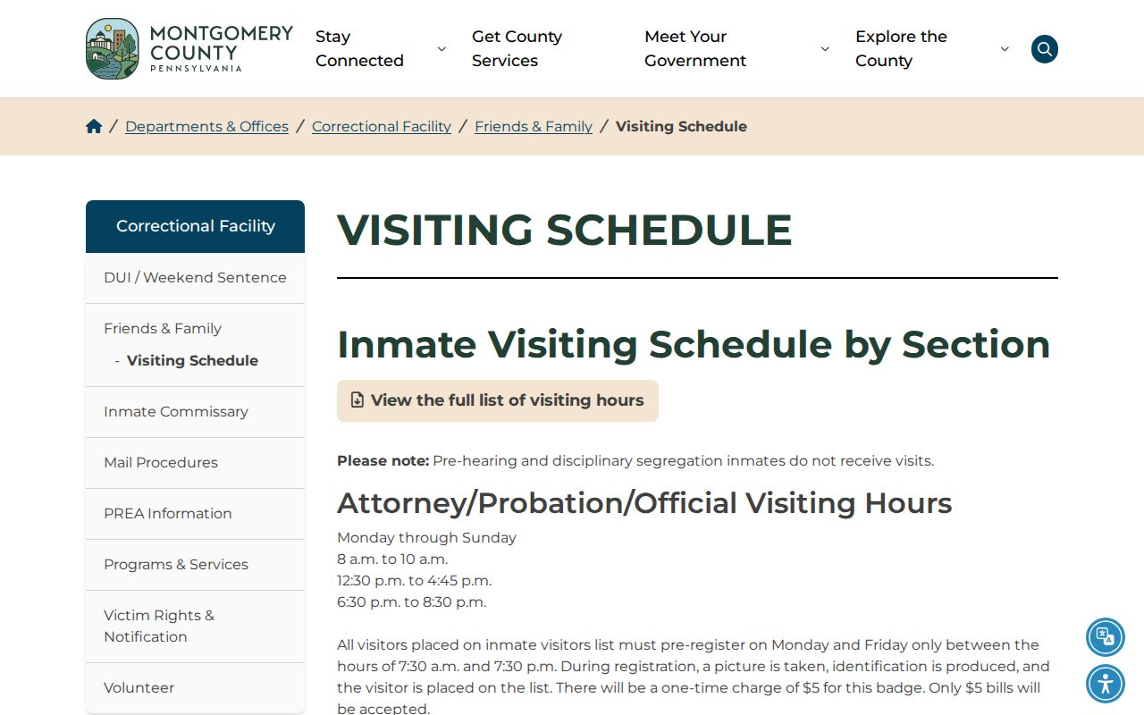 Montgomery County arrest booking and correctional facility visiting information