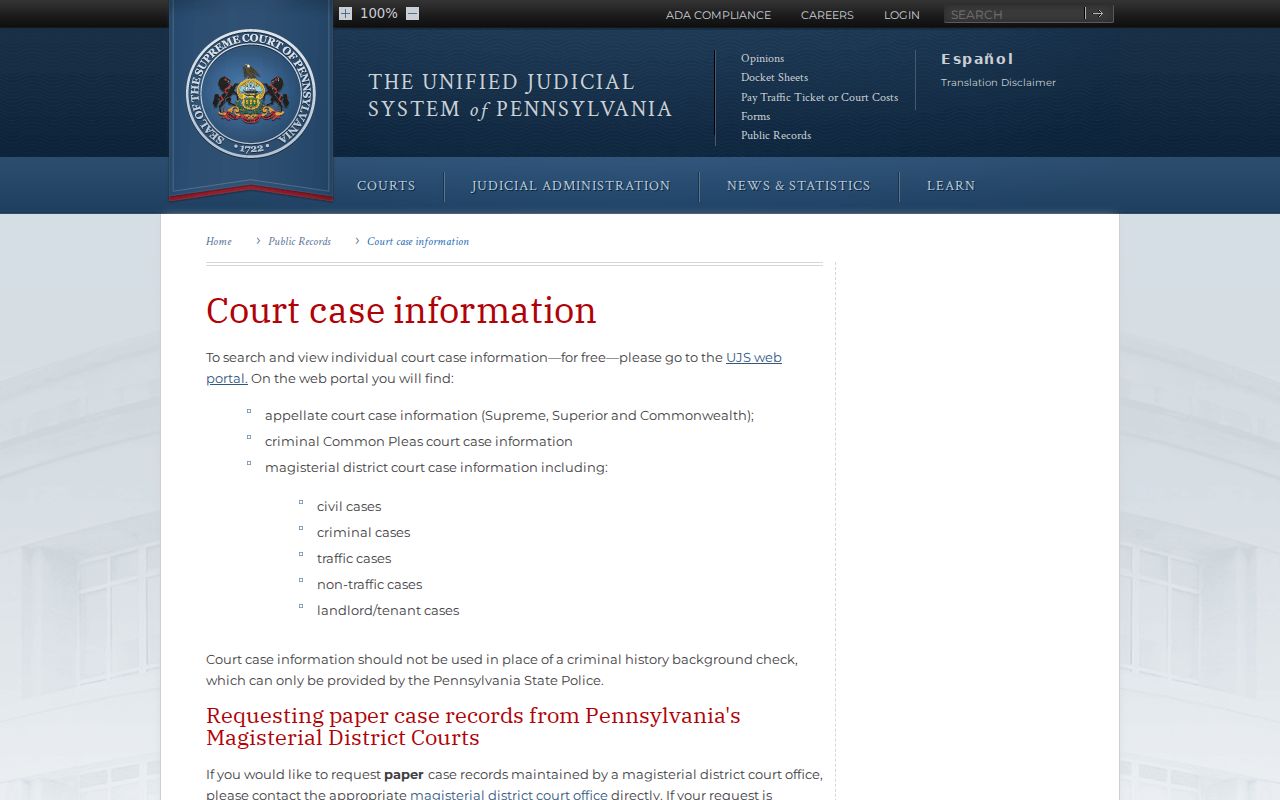 Pennsylvania court information for Montgomery County criminal court cases